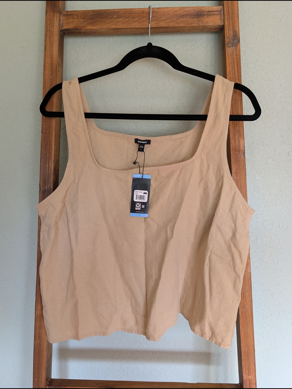 Express NWT Size L Women’s Sleeveless Square-Neck Tank Top in Beige Linen